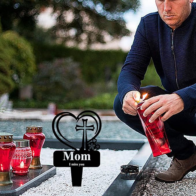 Mom Memorial Grave Stake, Cemetery Decorations for Grave Markers 12.5 x 7.2 inch Heart Metal Sympathy Stakes Graveside Plaque Decor Sign for Mother Graves, Yard, Garden - Black-Mom-Ruum Studio Home
