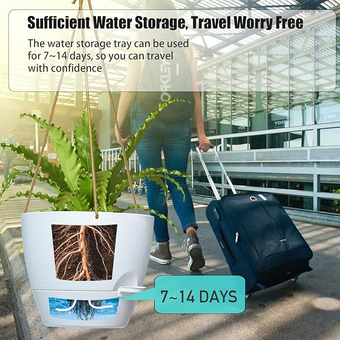 8 inch Hanging Planters, 2 Pack Self Watering Hanging Pots with 20oZ Deep Reservoir for Indoor Outdoor Plants Flowers, White-Ruum Studio Home