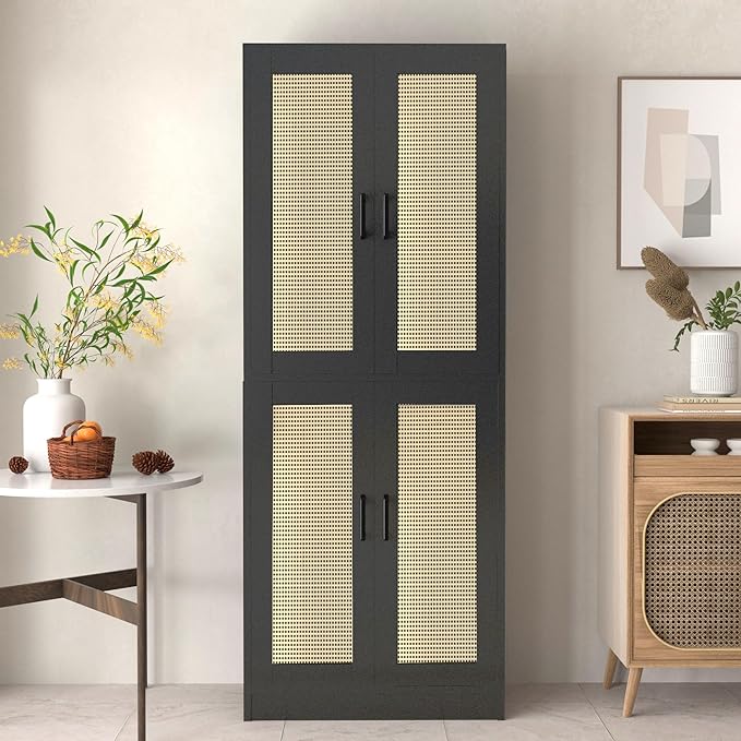 Black Rattan Kitchen Pantry, 71" Tall Storage Cabinet with Doors, Boho Hutch for Dining Room-Ruum Studio Home