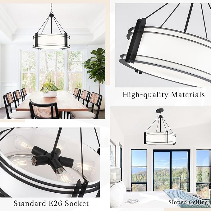 20.4''Drum Chandelier,5-Light Fabric Modern Chandeliers,Black Farmhouse Round Pendant Light Fixture for Dining Room Kitchen Island Living Room Bedroom Hallway-Ruum Studio Home
