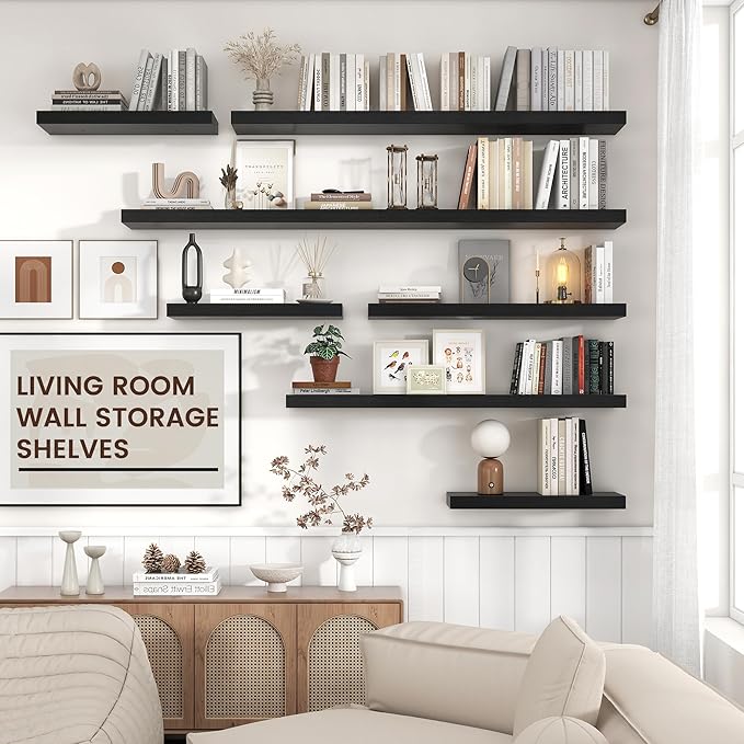 Floating Shelves - 2 Large Wall Mounted Shelves with Invisible Brackets, Long Wood Floating Wall Shelf for Living Room, Bedroom, Kitchen (Black, 24" W x 9" D x 1.5" H)-Ruum Studio Home