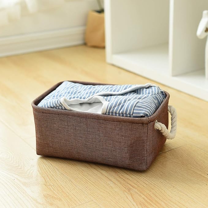 TheWarmHome Small Fabric Canvas Storage Bin with Cotton Rope Handles - Foldable Empty Basket for Gift (Brown-1 Pack,11.8L7.9W5.2H inch)-Ruum Studio Home