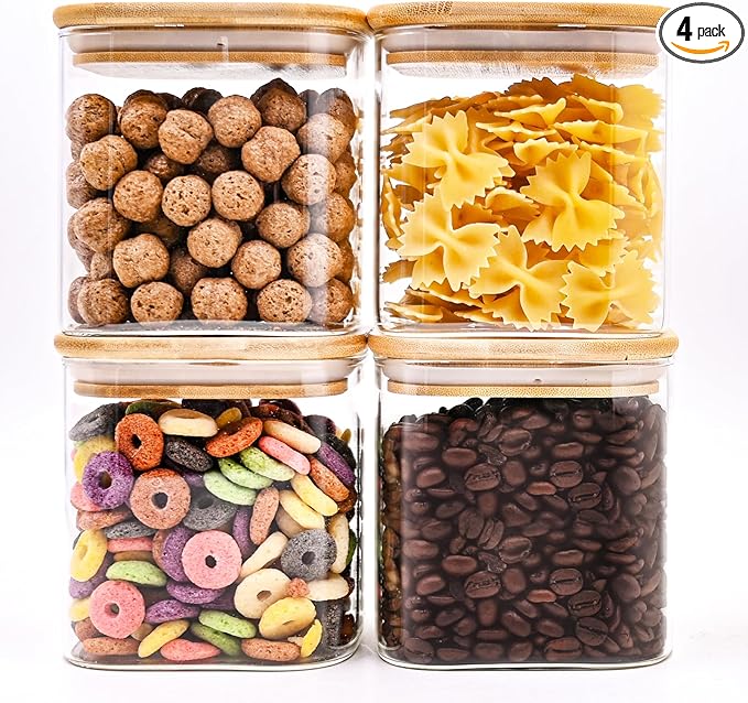 Glass Food Storage Jars Square 24oz, 4 Pack Glass Jars With Bamboo Lids, Kitchen Storage Containers For Spice, Candy, Cookie, Storage For Pantry Organizers-Ruum Studio Home