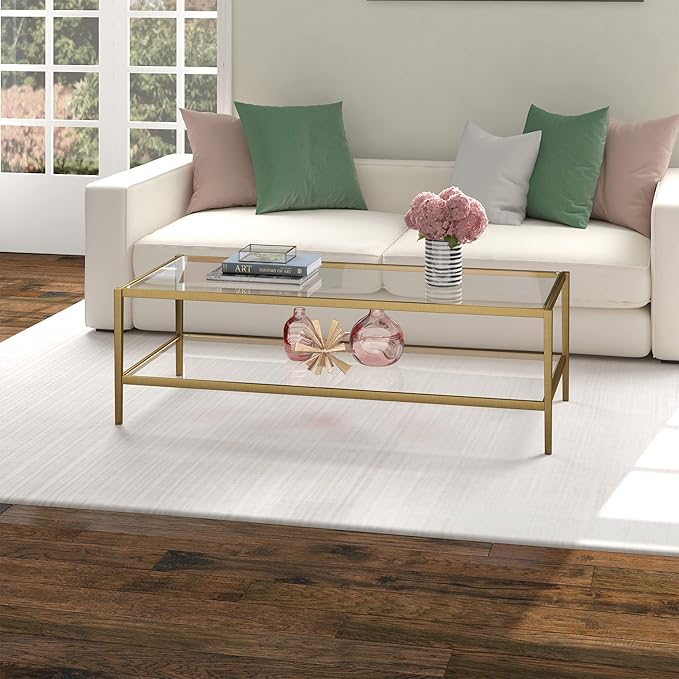 Henn&Hart 54" Wide Rectangular Coffee Table with Glass Shelf in Antique Brass, Modern coffee tables for living room, studio apartment essentials-Ruum Studio Home