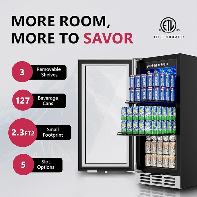 15'' Beverage Refrigerator Cooler - 126 Cans Under Counter Beverage Fridge with LED Light, Built-in Design, Wine Cooler for Home/Kitchen-Ruum Studio Home