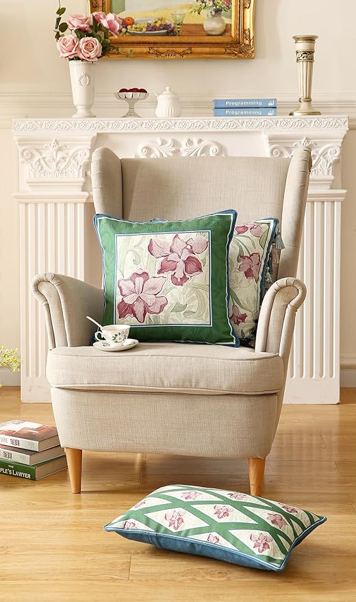 patdrea Designer Throw Pillow Covers Set of 4,French Elegant Green Linen with Iris Floral Collection Pattern Pillow Covers,Decorative Lumbar Square Round Pillowcases Cushion for Bed Living Room-Ruum Studio Home