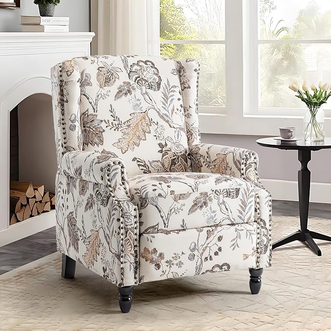UIXE Recliner Chairs Set of 2, Fabric Upholstered Armchair Pushback Accent Chair for Living Room, Floral Rivet Trim Club Chair Home Theater Single Sofa Bedroom Side Reading Seat - Beige Plants-Ruum Studio Home