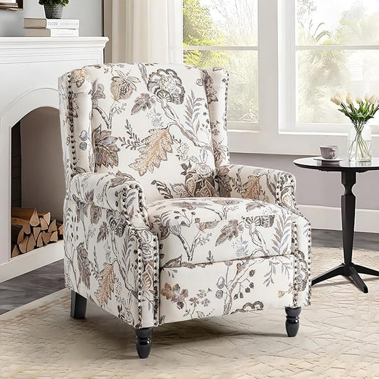 UIXE Pushback Recliner Chair, Fabric Upholstered Armchair Push Back Accent Chair for Living Room, Rivet Trim Home Theater Single Sofa Bedroom Reading Seat with Footrest - Beige Plants-Ruum Studio Home