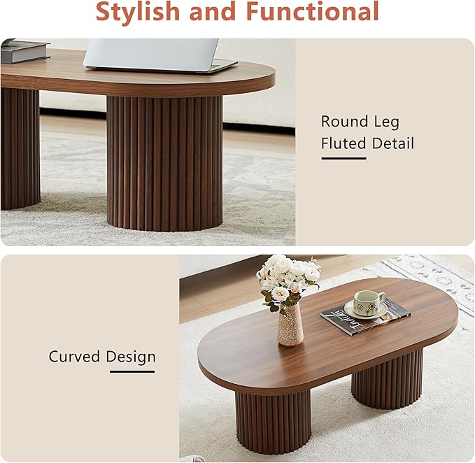 Oval Fluted Coffee Table, Farmhouse Wood Coffee Table Mid Century Modern Center Table Boho Living Room Tables for Living Room Office (Walnut, 19.69" D x 39.38" W x 13.78" H)-Ruum Studio Home