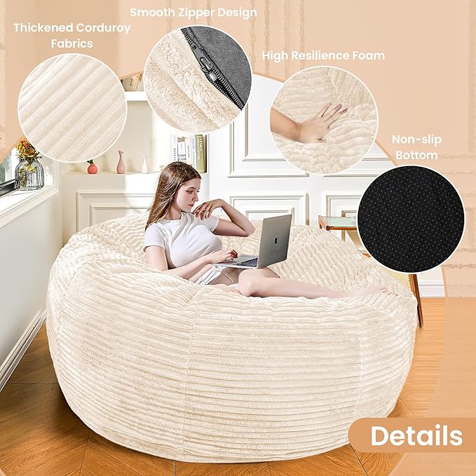Large Bean Bag Chair, 6FT Giant Beanbag Chairs with Memory Foam Filled, Bean Bag Chairs for Adults, Ultra Soft Lazy Sofa for Living Room Bedroom (White)-Ruum Studio Home