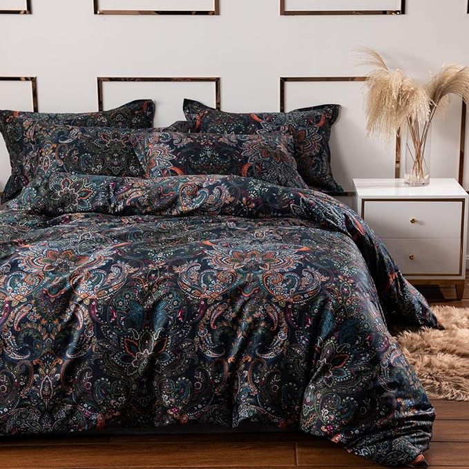 ABREEZE Luxury Vintage Black Duvet Cover Sets Damask Paisley Bedding Set Retro 100% Brushed Cotton Zipper Closure Bedding Collection Full Size-Ruum Studio Home