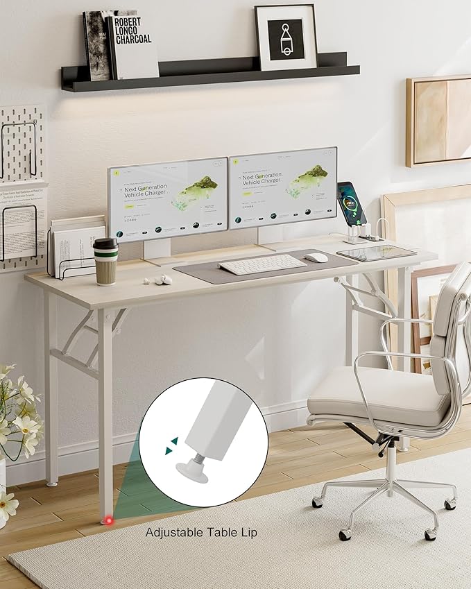 Frylr Small Folding Computer Desk – 55.1 Inch Portable Table for Craft and Study, Lightweight Desk for Small Spaces, Foldable Laptop Table Built-in AC/USB Outlets for Convenience, White Ash-Ruum Studio Home