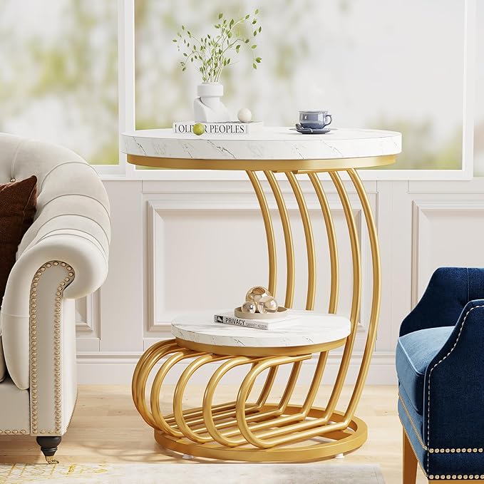 Tribesigns Gold Round End Table: 2 Tiers Faux Marble Side Table with Storage Shelf, Modern White Gold Bedside Nightstand, Metal Arc-Shaped Frame Accent Table for Living Room, Bedroom-Ruum Studio Home