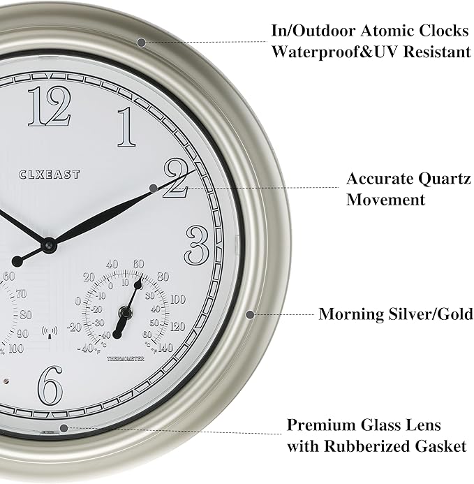 CLXEAST 18 Inch Illuminated Outdoor Indoor Atomic Analog Wall Clock with Temperature & Humidity Combo, Lighted Outdoor Clocks for Patio Large Waterproof with Thermometer, Modern Morning Silver/Gold-Ruum Studio Home