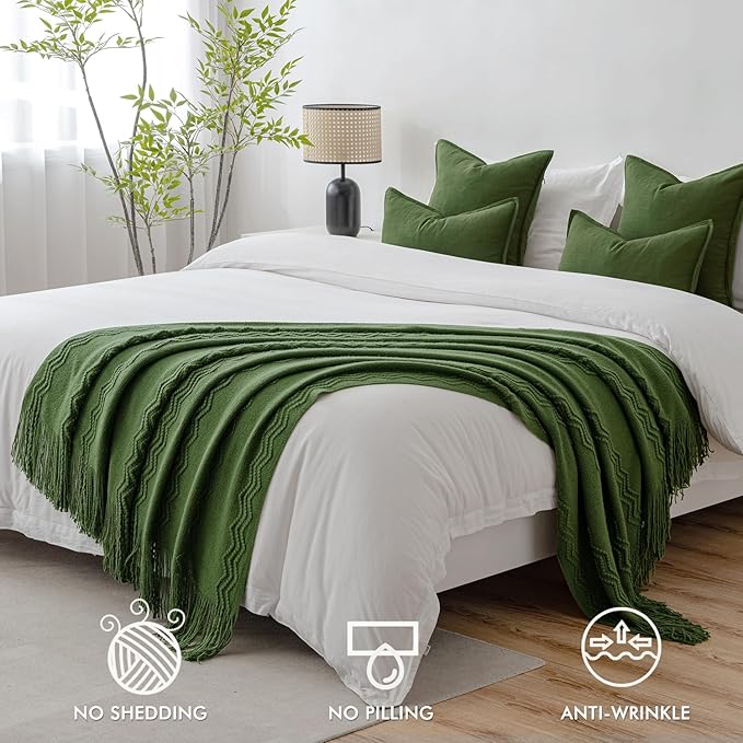 MIULEE Olive Green Knitted Throw Blanket for Couch Boho Textured Cozy Woven Blanket with Tassels for Sofa Chair Bed Living Room Spring Acrylic Wave Pattern 50"x60"-Ruum Studio Home