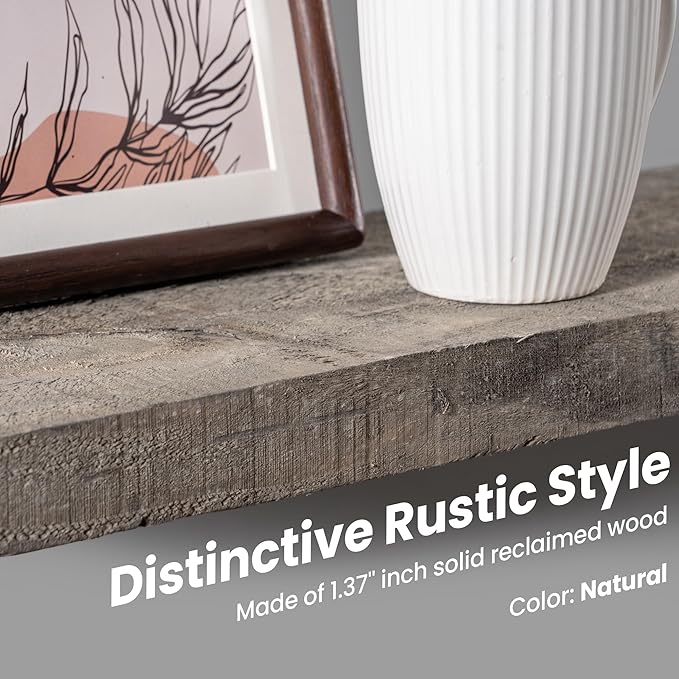 Solid Reclaimed Wood Floating Shelf 48inches Width and 8 inches Depth, Rustic Reclaimed Barnwood Wall Hanging Shelves with Invisible Heavy-Duty Metal Bracket，Cement Grey-Ruum Studio Home