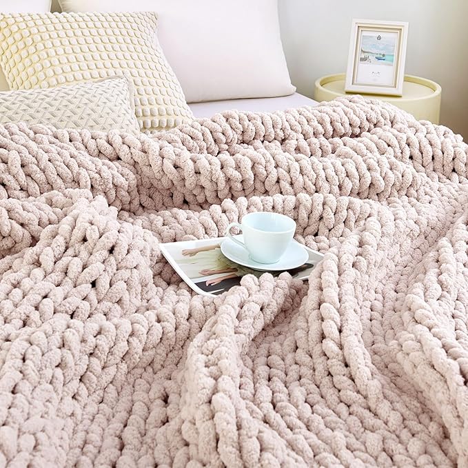 Admitrack Chunky Knit Blanket Throw, 100% Hand Knit Chenille Throw Blanket for Sofa & Home Decor, Soft and Cozy Knitted Throw Blankets (Pink，51"x63")-Ruum Studio Home