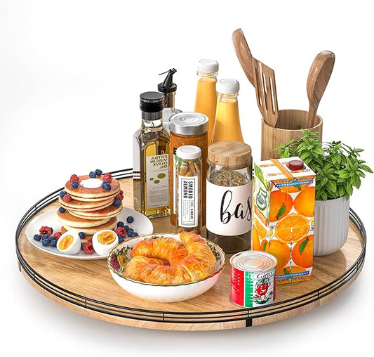 21" Lazy Susan Oak Wood Turntable Organizer for Cabinet, Farmhouse Round Wooden Large Lazy Susan Organization and Storage for Dining Table, Pantry, Kitchen, Countertop, Cupboard, Home Decor-Ruum Studio Home