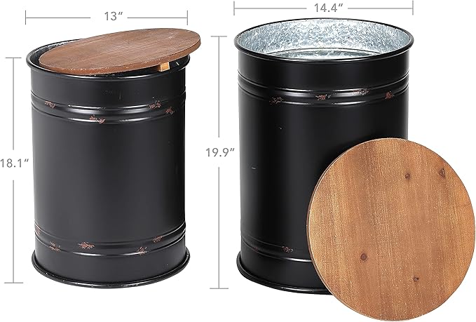 Rustic Storage Ottoman Seat Stool, Farmhouse Accent Side Table, Antique Galvanized Metal End Table Box Bin with Round Wooden Lid Set of 2 (Black)-Ruum Studio Home