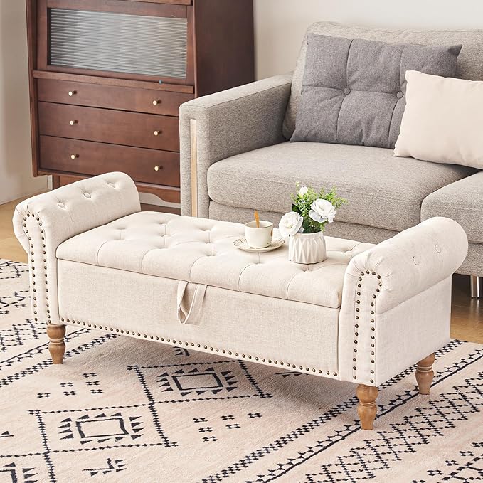 Furniliving 51” Storage Benches, End of Bed Bench with Button-Tufted Large Upholstered Storage Ottoman Linen Window Bench with Storage Shoe Cabinet Bench, for Bedroom, Entryway, Closet, Beige-Ruum Studio Home