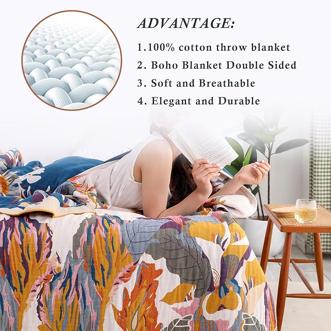 Snycler Boho Throw Blanket for Bed - 100% Cotton Ultra Soft Rustic Quilt - Watercolour Floral Printed Farmhouse Decor Bed Fall Blankets,80"×90" All Season Rustic Throw for Sofa Couch Chair-Ruum Studio Home
