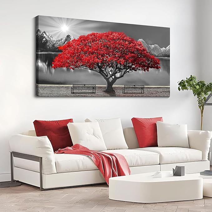 Black and White Red Tree Wall Art Canvas Print Picture Large Red Tree Landscape Modern Artwork for Living Room Bedroom Office Home Wall Decor With Frame 24X48inch-Ruum Studio Home