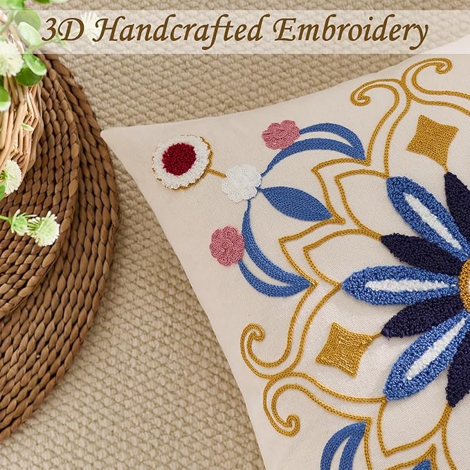 Embroidered Throw Pillow Cover 18x18 Classic Boho Floral Pattern Pillows Cover Outdoor Decorative Pillowcase,Durable Cozy Textured Cushion Case for Sofa Couch Bed Living Room,Blue-Ruum Studio Home