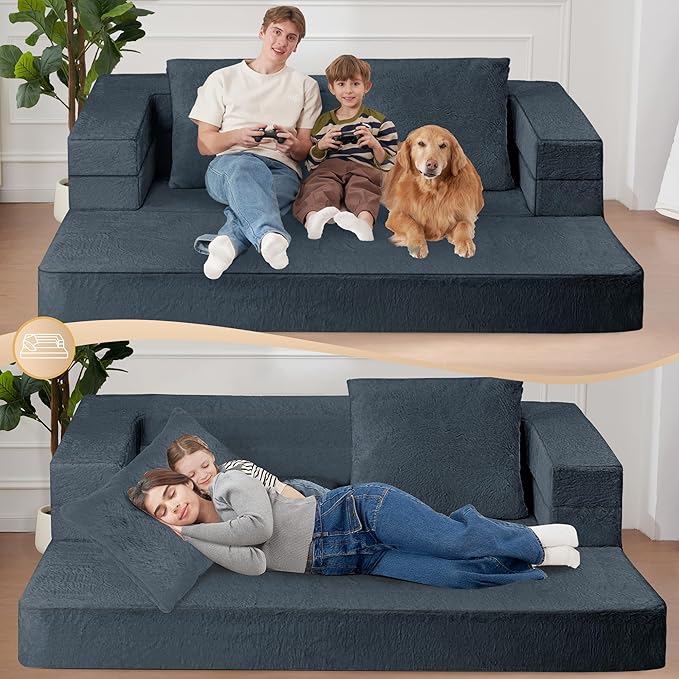 Folding Bean Bag Chair for Adults,3-in-1 Bean Bag Couch Faux Fur Floor Sofa Large Beanbag Convertible Bean Bag Sofa Bed with Pillow in Bedroom,Living Room,Apartment(Queen,Dark Grey)-Ruum Studio Home