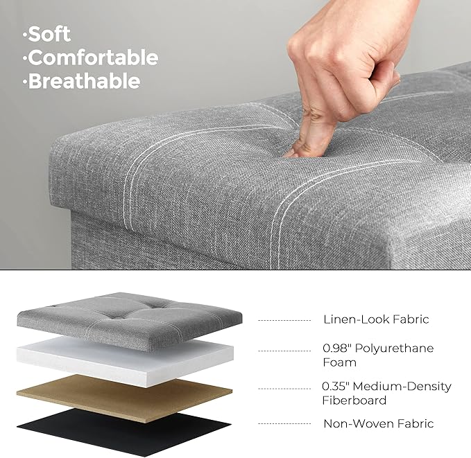SONGMICS MAZIE Collection - 30 Inches Ottoman Storage Bench, 21 Gal. Folding Chest with Breathable Linen-Look Fabric, Load up to 660 lb, for Entryway, Living Room, Bedroom, Light Gray ULSF001G02-Ruum Studio Home