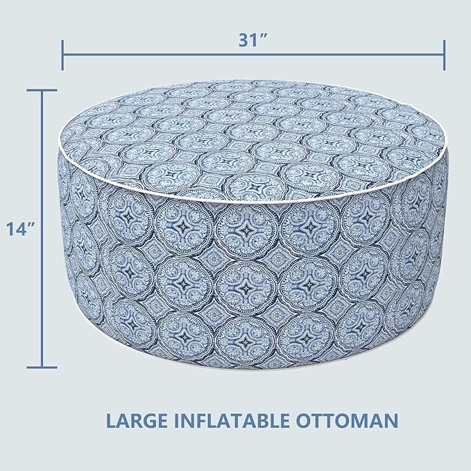 LVTXIII Outdoor Inflatable Ottoman, Fade-Resistant Round Footrest Stool D31”x H14”, Portable Patio Pouf for Garden Camping or Home Use, Medallion Blue-Ruum Studio Home