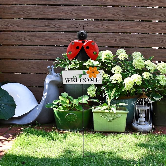 Veclotch 30"" H Metal Ladybug Garden Stake,Rustic Ladybird Decorative Yard Stakes Metal Yard Art Bug Ornaments Welcome Outdoor Spring Garden Stake for Patio Lawn Porch Pathway Decor-Ruum Studio Home
