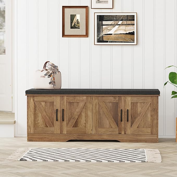 2-Tier Storage Bench, Shoe Bench with Padded Seat Cushion, Entryway Bench with 4 Barn Doors, Adjustable Shelf, 13.8" D x 47.2" W x 17.7" H, for Entryway, Living Room, Bedroom, Rustic Walnut-Ruum Studio Home
