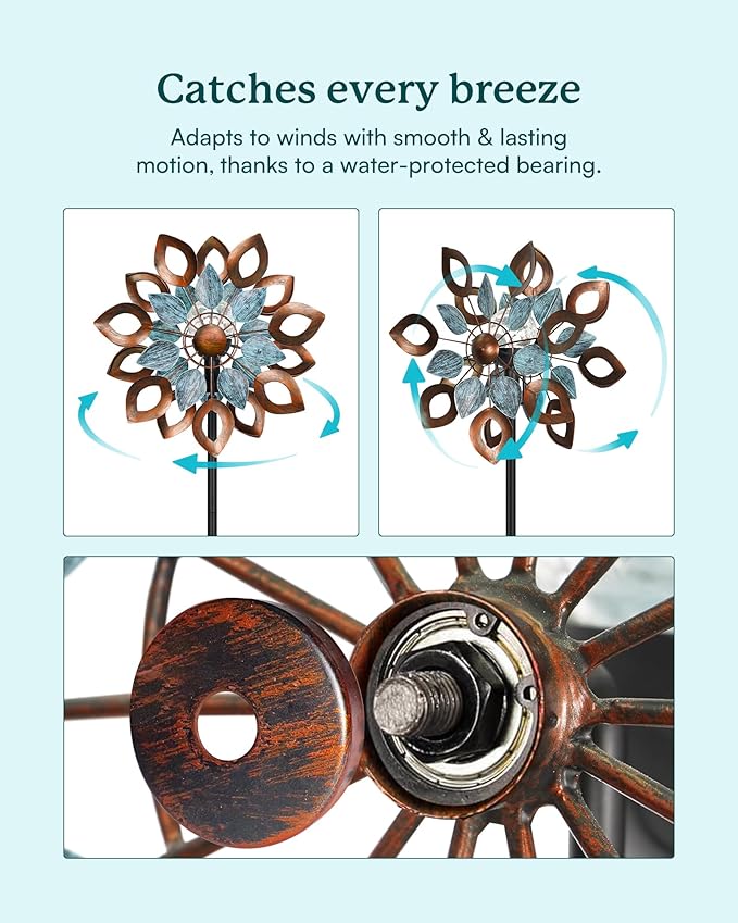 Copper Wind Spinners Outdoor 74 Inches with Solar LED Light, Kinetic Dual Wind Sculptures & Spinners for Yard Lawn Garden Decor, Large Metal Clearance Windmill with Bronze Leaf-Ruum Studio Home