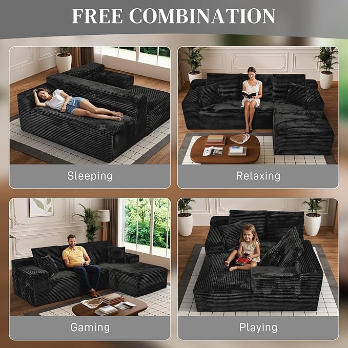 Modular Sectional Sofa Cloud Sectional Couch, 107" Comfy Fluffy L Shaped Black Couches for Living Room, Deep Seat Memory Foam Plush Corduroy Boneless Couch Sectionals with Right Facing Chaise Sofa-Ruum Studio Home