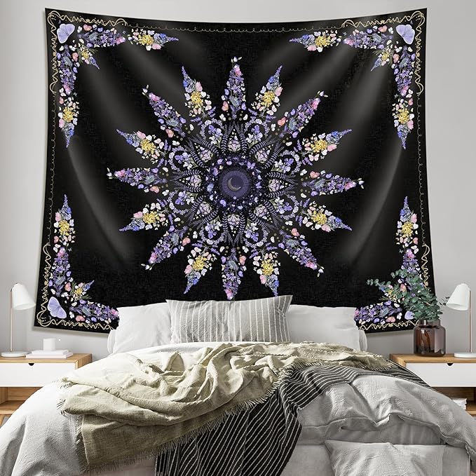 Damanse Floral Tapestry Wall Hanging Cute,Boho Wall Tapestry for Bedroom Aesthetic,Mandala Living Room Decor for Teen Girls (Purple, 49.20" x 59.10")-Ruum Studio Home