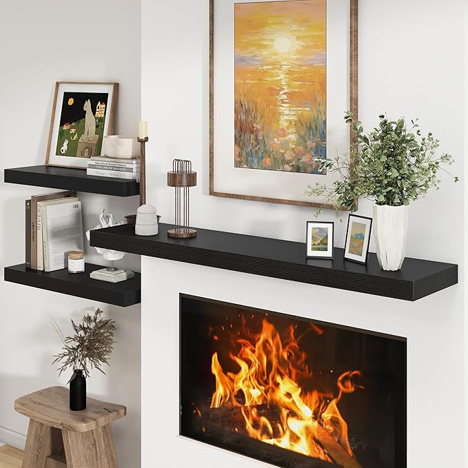 Black Floating Shelves for Wall - 55 Inch Wide x 12 Inch Deep Wall Shelves Set of 1 - Rustic Black Wood Shelves for Living Room, Bathroom, Laundry Room, Bedroom, Kitchen, Home Office-Ruum Studio Home