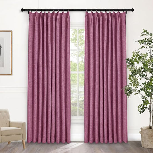 Macochico 100% Blackout Pinch Pleated Linen Curtains Thermal Window Treatments Sound Reducing Curtains for Bedroom Living Room Lilac Farmhouse Burlap Drapes with Tieback 52”Wx63”L 1 Panel