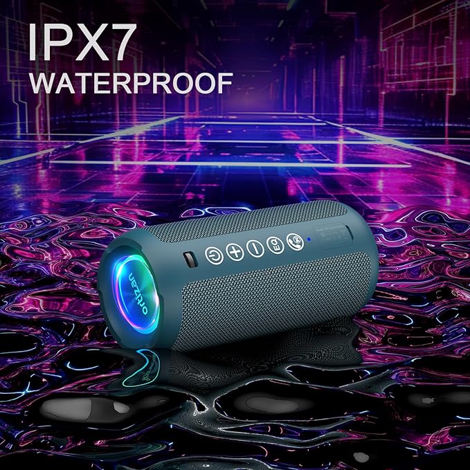 Ortizan Portable Bluetooth Speaker: IPX7 Waterproof, 24W Loud Sound, Deep Bass, Bluetooth 5.3, LED Lights, Wireless Stereo Pairing, 30H Playtime, for Home/Outdoor/Party/Beach, Birthday Gift (Blue)-Ruum Studio Home