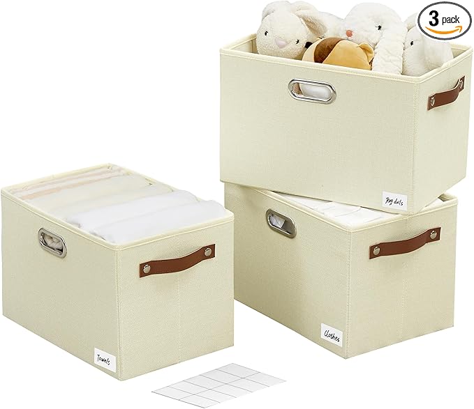 Large 3-Pack Foldable Fabric Storage Bins with Durable PU & Metal Handles , Collapsible Storage Baskets for Shelves, Home Storage, Closet Organizers, Living Room(14.9"x9.8"x9.8", Beige)-Ruum Studio Home