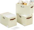 Large 3-Pack Foldable Fabric Storage Bins with Durable PU & Metal Handles , Collapsible Storage Baskets for Shelves, Home Storage, Closet Organizers, Living Room(14.9"x9.8"x9.8", Beige)-Ruum Studio Home