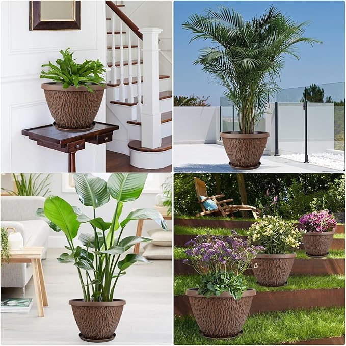 4 Pack 10 Inch Plant Pot, Flower Pots Outdoor with Drainage Hole & Tray, Thickened Plastic Planters for Indoor Outdoor Plants, Lightweight Modern Decorative Garden Pot with Saucer-Ruum Studio Home