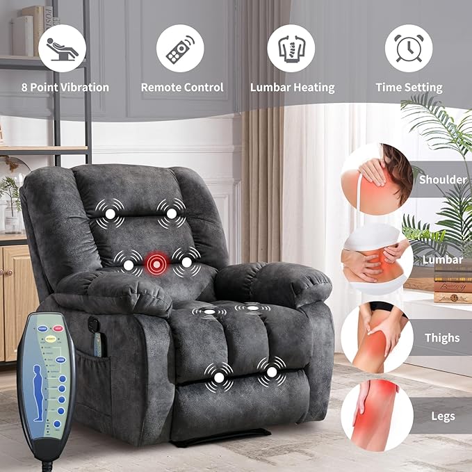 Massage Recliner Chair with Heat and Massage, Soft Fabric Ergonomic Manual Reclining Chairs, Heavy Duty Reclining Sofa Chair with Side Pockets for Living Room (D-Grey)-Ruum Studio Home