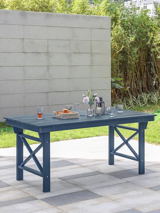 HDPE Outdoor Dining Table, 66.9” Rectangle Patio Dining Table for 6, All-Weather HDPE Outdoor Table with 2.2” Umbrella Hole, HDPE Patio Furniture for Deck, Backyard, Garden, Pool, Navy-Ruum Studio Home