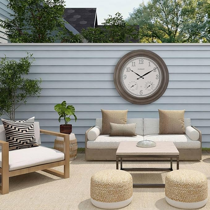 CLXEAST 24 Inch Self-Illuminated in/Outdoor Atomic Wall Clock with Temperature and Humidity, Oversized Large 24 Inch Wall Clocks for Living Room Decor, Brushed Grey Oak Wooden Finish-Ruum Studio Home