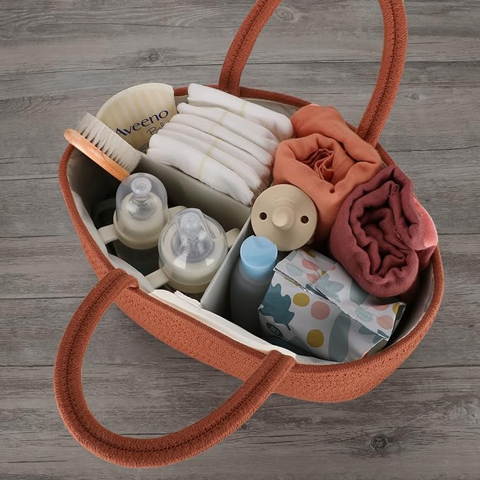Baby Diaper Caddy Organizer for Girl Boy Cotton Rope Nursery Storage Bin Basket Portable Holder Tote Bag for Changing Table Car Travel Baby Shower Gifts Newborn Essentials Registry Must Have Rust-Ruum Studio Home