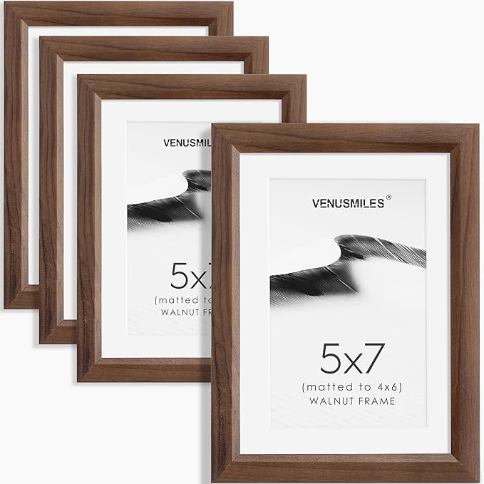 5x7 Picture Frame Set of 4 Natural Solid Walnut Photo Frames with 4x6 Removable Mat Wall Hanging Large Handcrafted Frame with HD Plexiglass Wall and Tabletop Display Large Poster Frame-Ruum Studio Home
