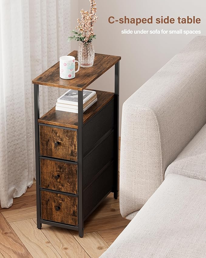 TUTOTAK Narrow Night Stand, Slim End Table, Tall Side Table with 3 Fabric Drawer, Small Bedside Table with Storage, Set of 2, for Living Room, Bedroom, Brown TB01BB072-Ruum Studio Home