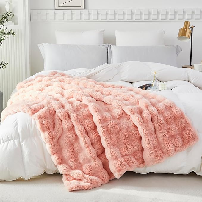 RYNGHIPY Faux Fur Blanket for Couch Fluffy Warm Throw Blanket for Sofa Bed Soft Plush Thick Bubble Blanket (Blush, 63''x79'')-Ruum Studio Home