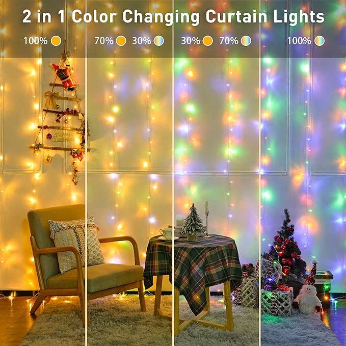 JMEXSUSS 300LED Dual Color Changing Curtain Lights with Remote, 9.8 x 9.8ft Connectable Plug in Christmas String Lights for Bedroom Backdrop Outdoor Decor, Warm White to Multicolor-Ruum Studio Home