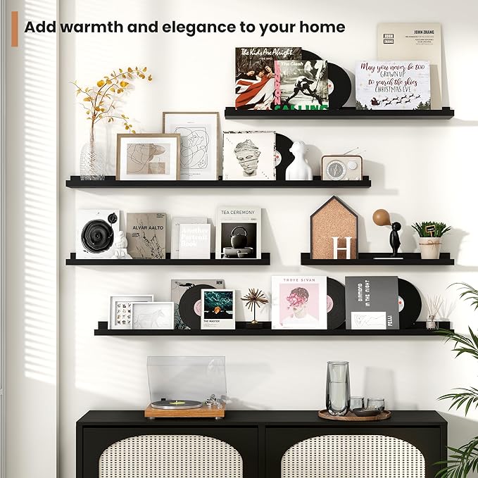 Fun Memories Picture Ledge Shelves Set of 2, 48 Inch Rustic Wall Mounted Floating Shelves with Lip for Home Storage and Décor in Bathroom, Kitchen, Nursery, Bedroom, Living Room, Black-Ruum Studio Home